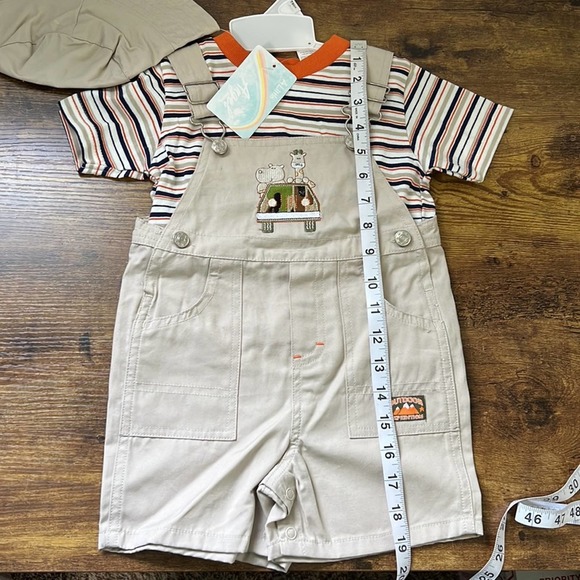 A Little Angel Khaki Overalls With Bucket Hat & Stripes Undershirt - Picture 8 of 13